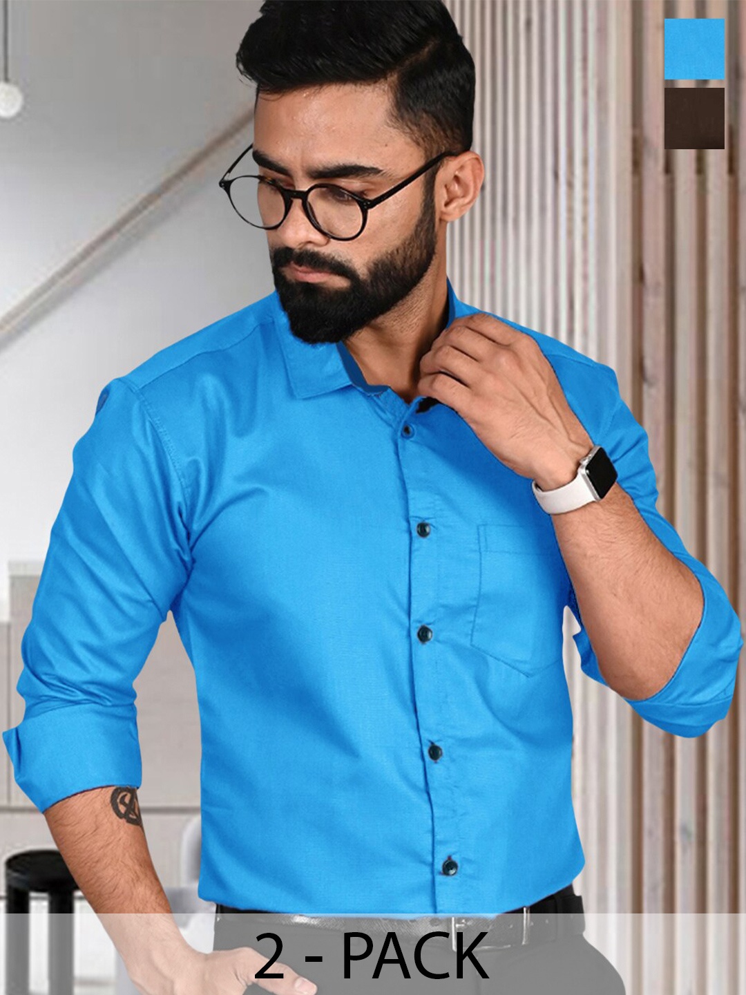 

Ethnic basket Pack of 2 Spread Collar Standard Cotton Opaque Formal Shirt, Blue