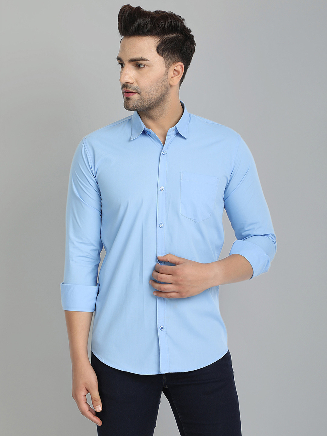 

Majestic Man Spread Collar Long Sleeves Slim Fit Casual Cotton Shirt, Blue
