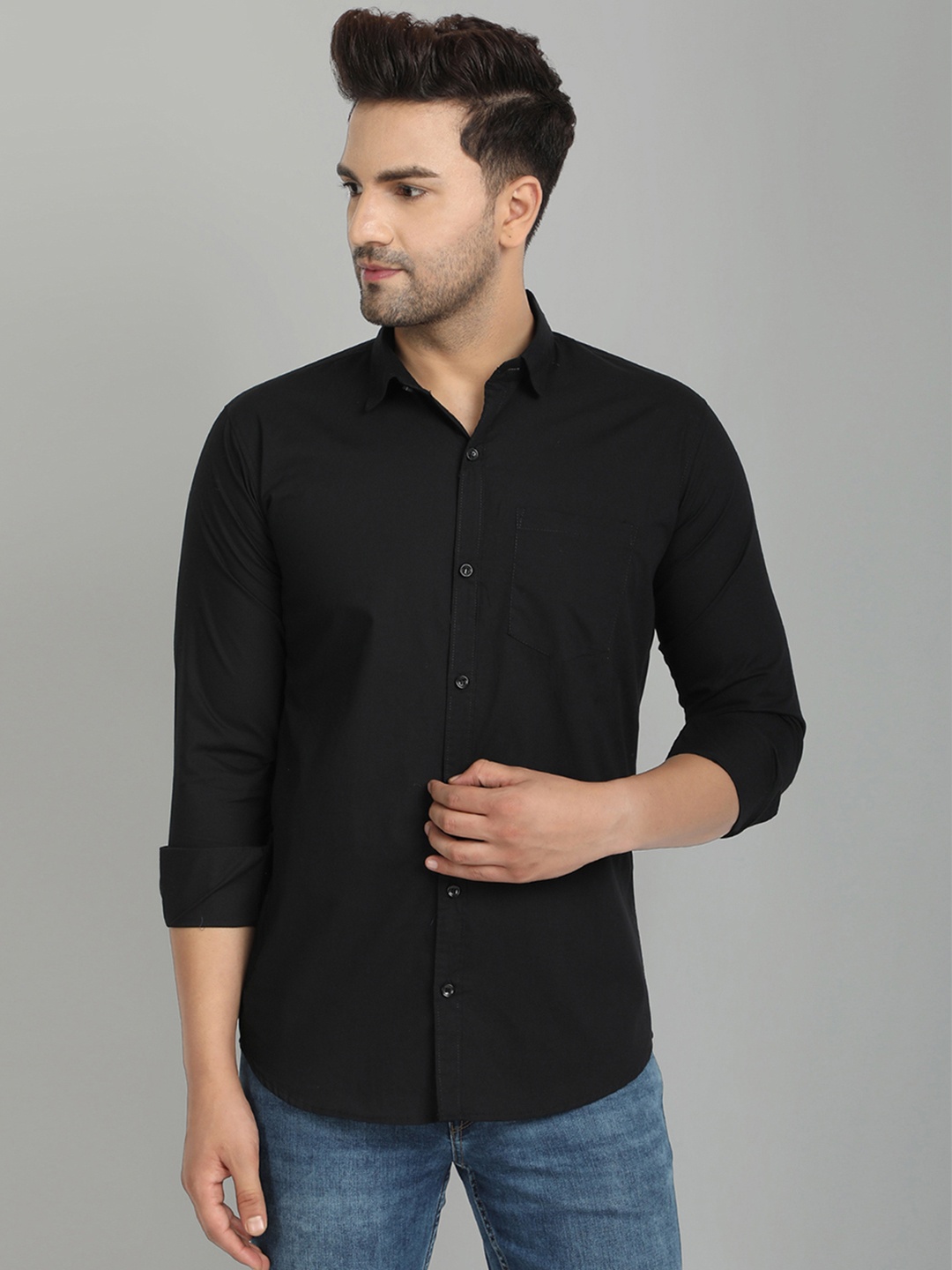 

Majestic Man spread collar Long Sleeves Slim Fit Casual Cotton Shirt, Black