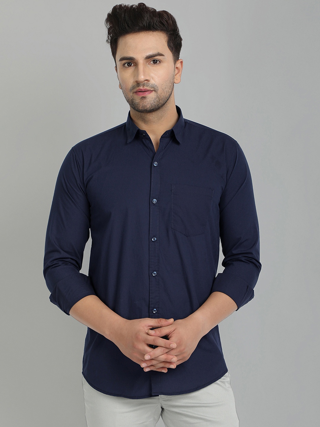 

Majestic Man Spread Collar Cotton Slim Fit Opaque Casual Shirt, Navy blue