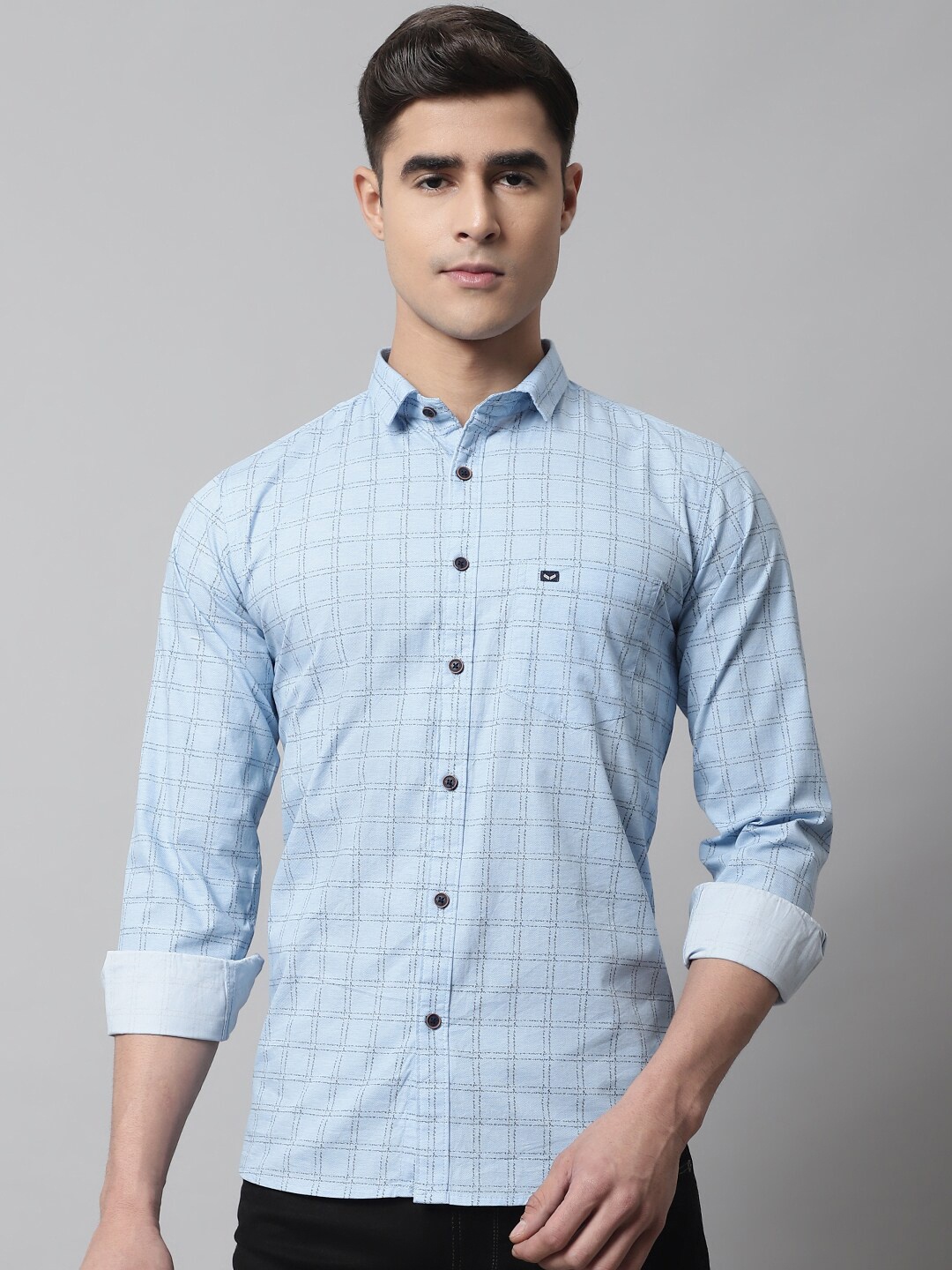 

Majestic Man Slim Fit Grid Tattersall Checked Pure Cotton Casual Shirt, Blue