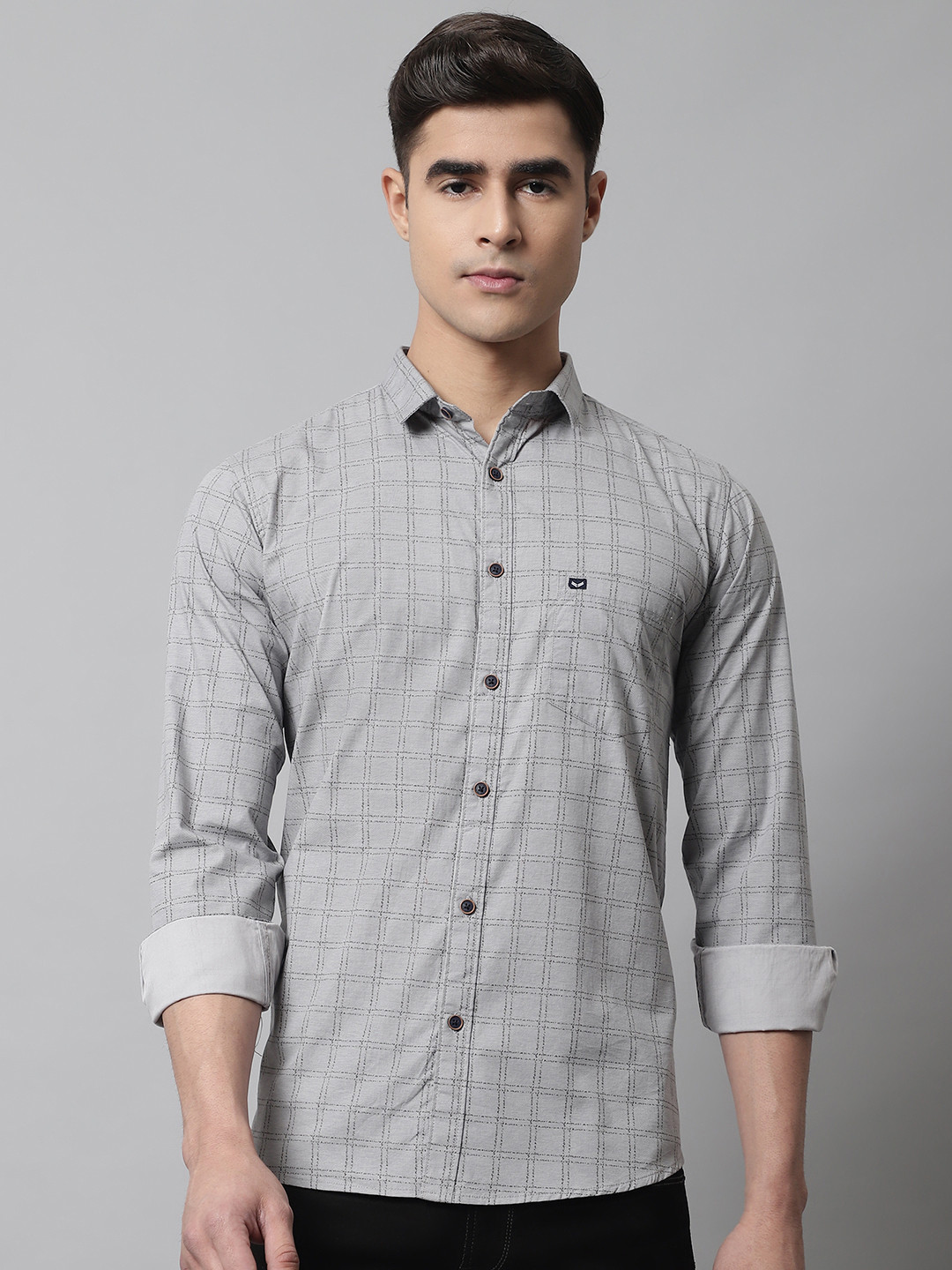 

Majestic Man Spread Collar Long Sleeves Slim Fit Checked Casual Cotton Shirt, Grey
