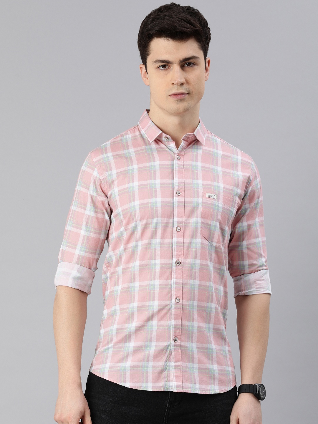 

Majestic Man Checked Spread Collar Cotton Slim Fit Opaque Casual Shirt, Pink