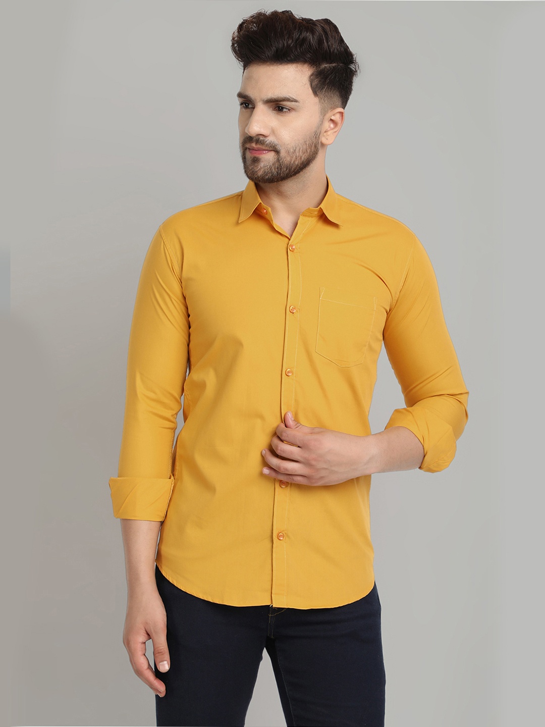 

Majestic Man Spread Collar Cotton Slim Fit Opaque Casual Shirt, Mustard