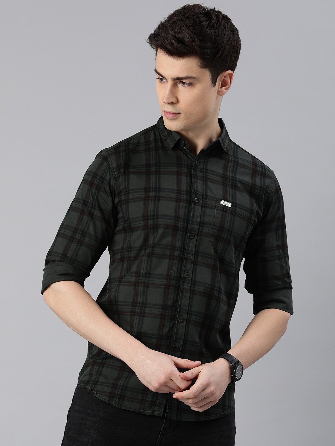 

Majestic Man Tartan Checks Cotton Slim Fit Opaque Casual Shirt, Grey