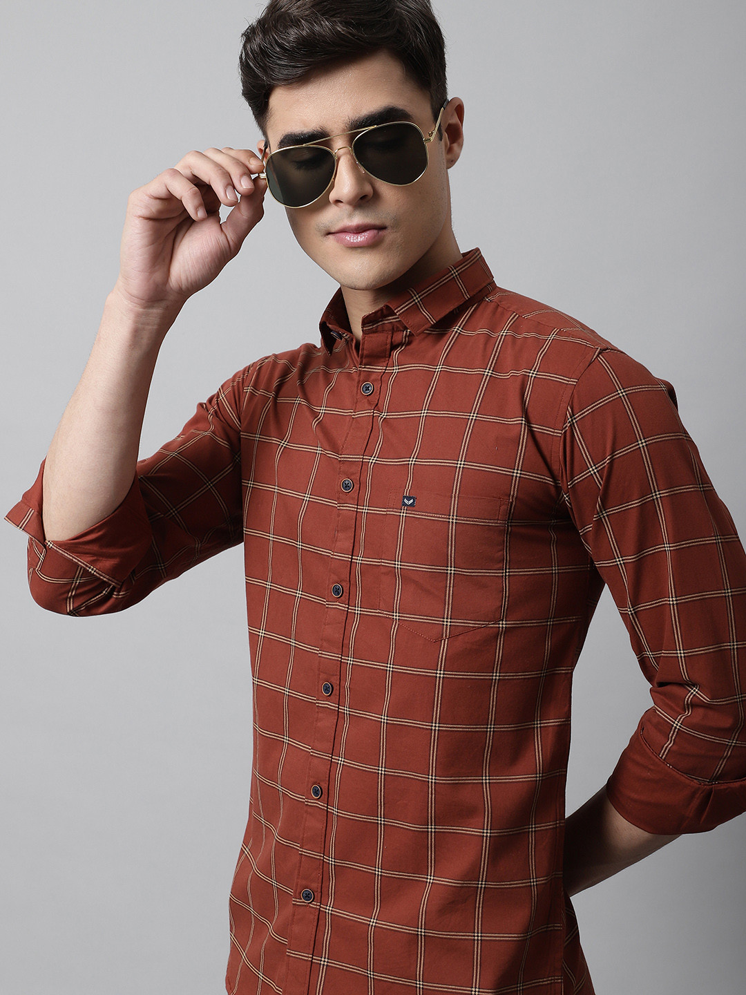 

Majestic Man Slim Fit Windowpane Checks Opaque Pure Cotton Casual Shirt, Rust