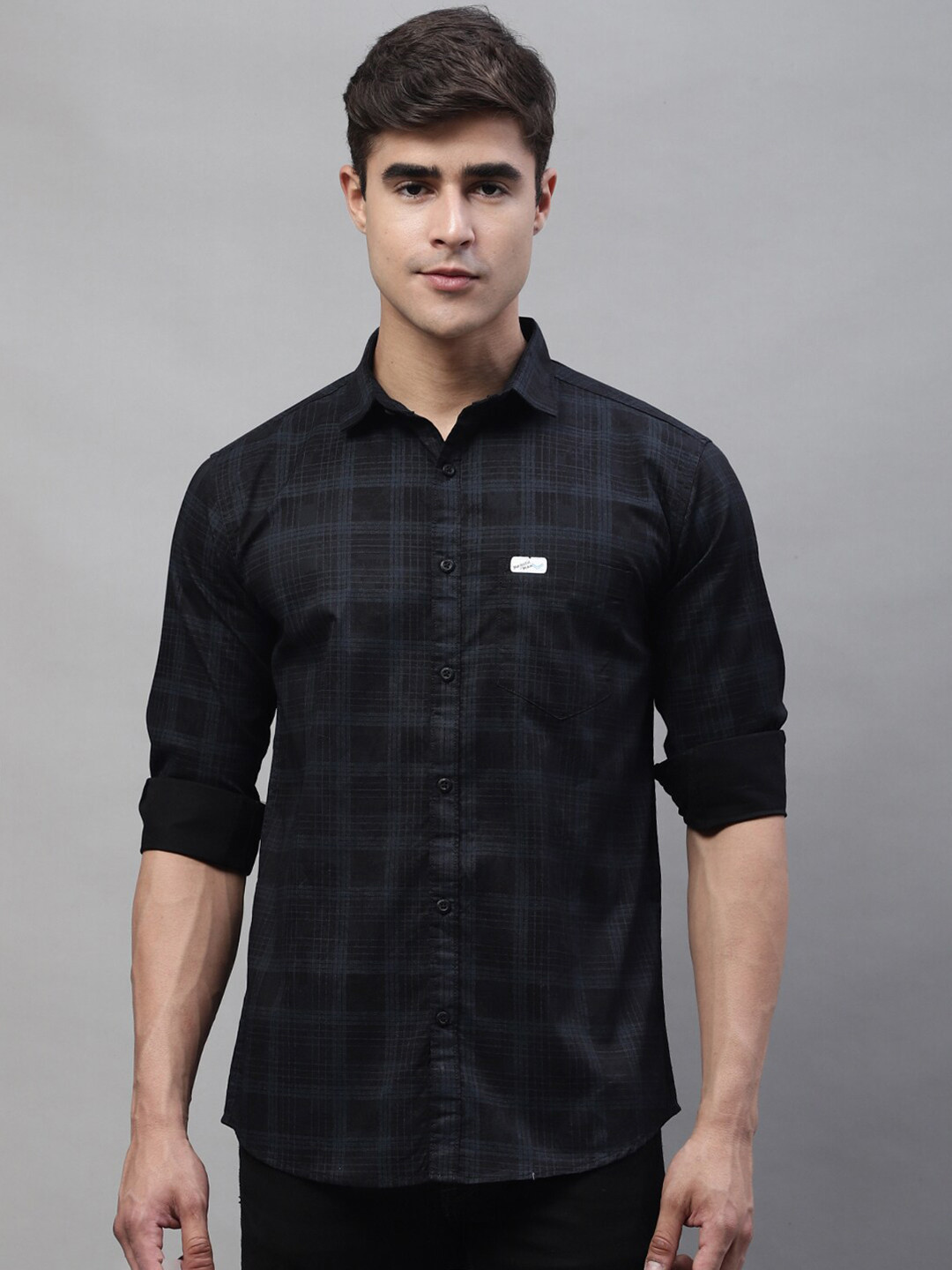 

Majestic Man Opaque Tartan Checks Chest Pocket Cotton Casual Slim Fit Shirt, Black