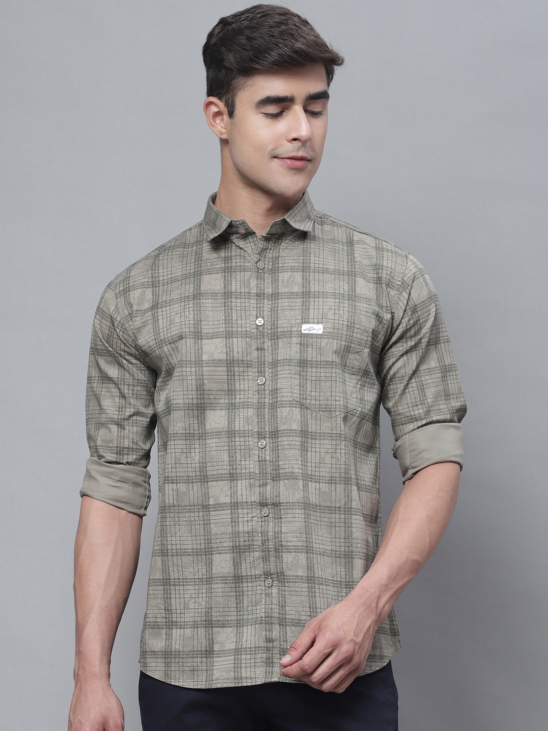 

Majestic Man spread collar Long Sleeves Slim Fit Checked Casual Cotton Shirt, Brown