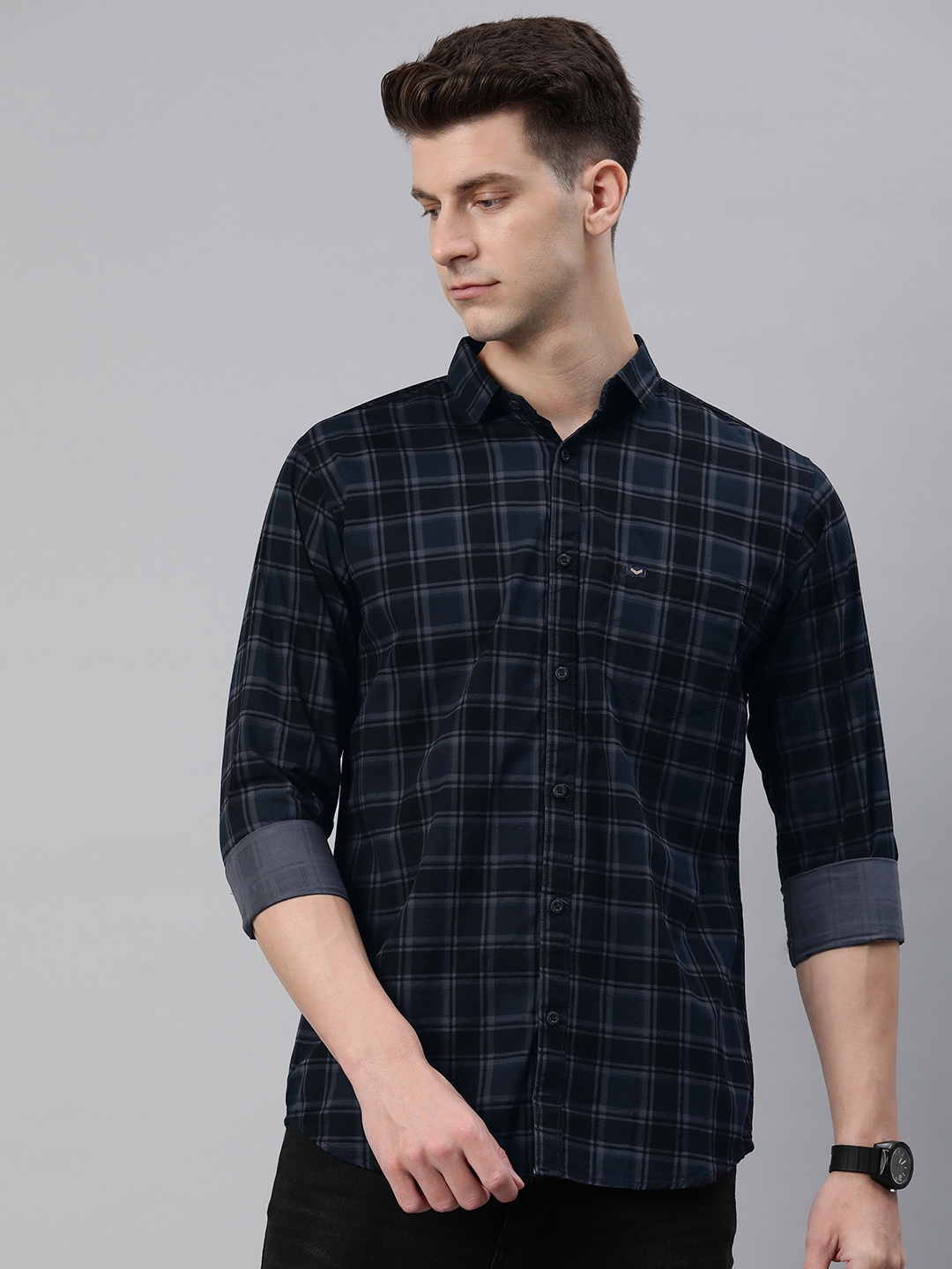 

Majestic Man Grey Slim Fit Tartan Checks Opaque Pure Cotton Casual Shirt