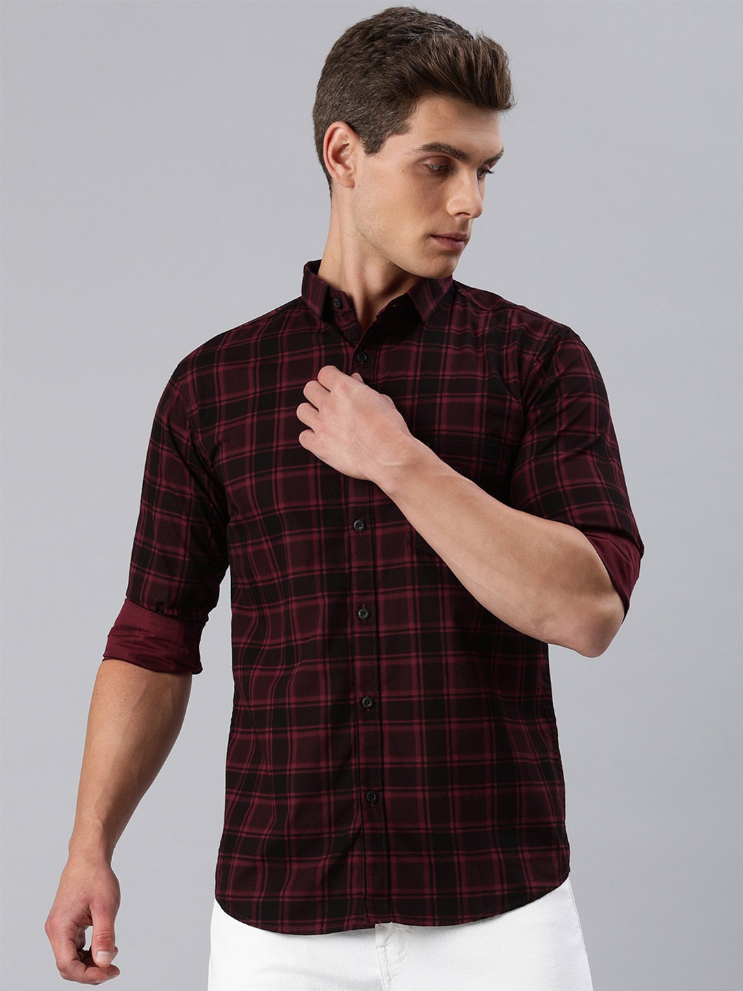 

Majestic Man Slim Fit Tartan Checks Cotton Casual Shirt, Maroon