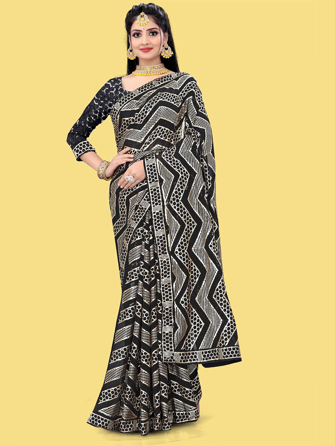 

Mitera Sequin Embroidered Georgette Saree, Black