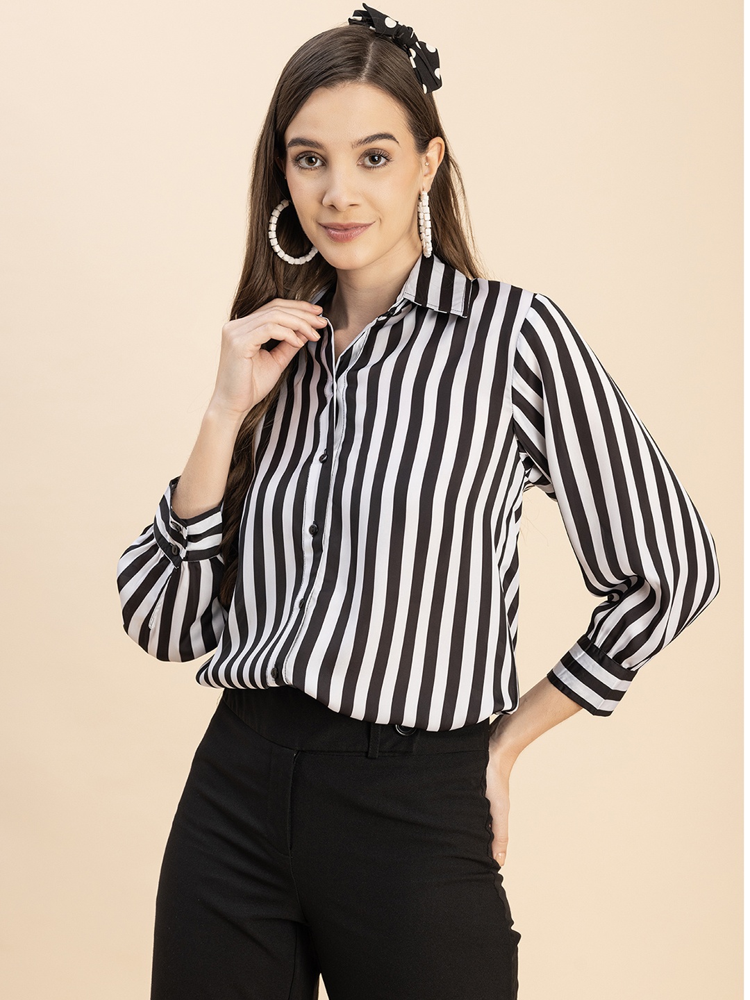 

Moomaya Striped Printed Long Sleeves Spread Collar Casual Shirt, Black