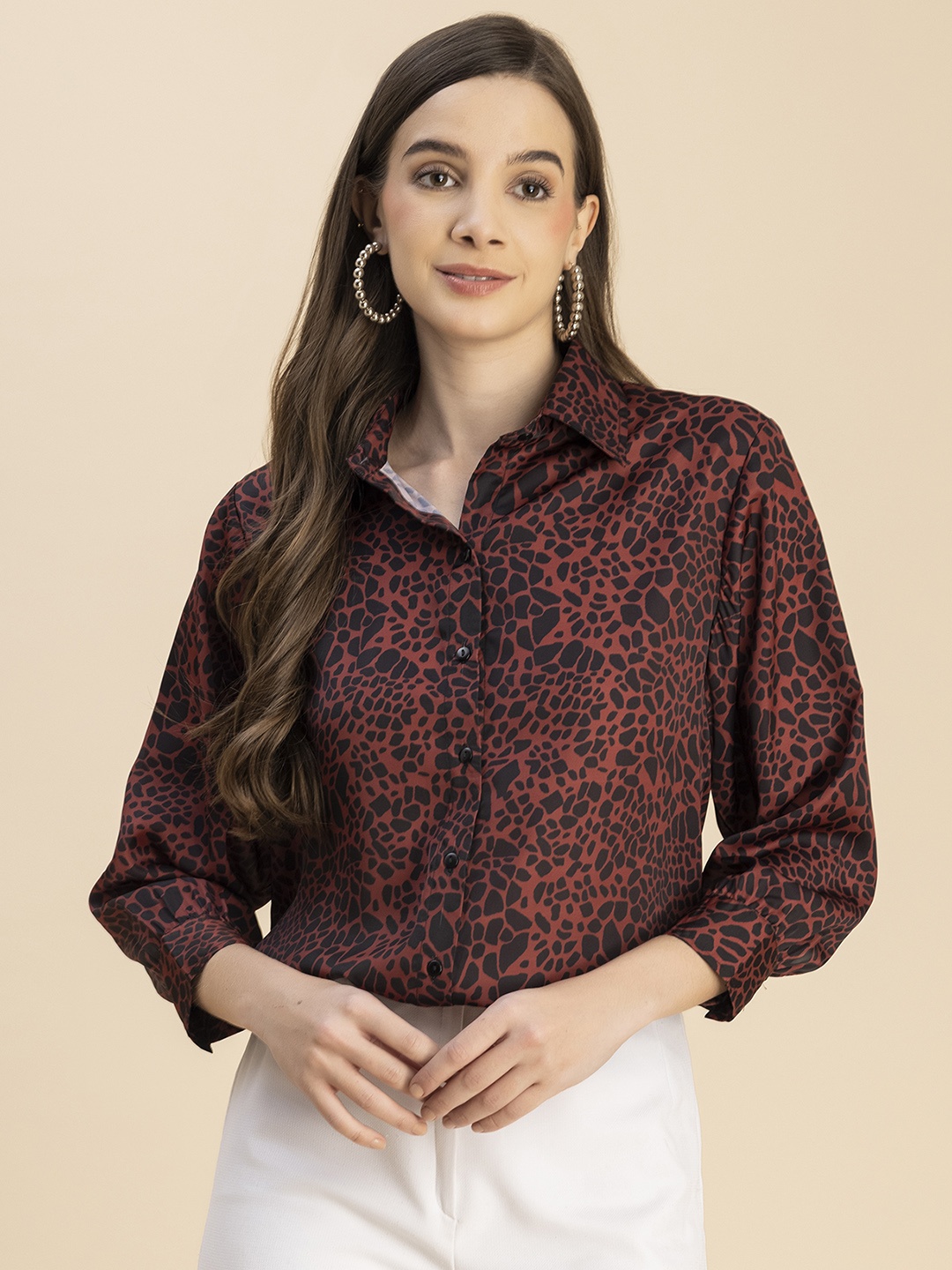 

Moomaya Printed Spread Collar Three-Quarter Sleeves Spread Collar Casual Shirt, Rust