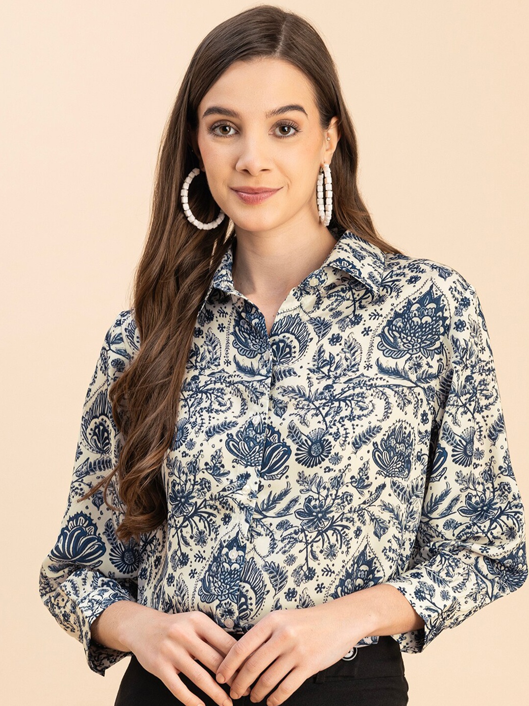 

Moomaya Spread Collar Long Sleeves Floral Satin Printed Casual Shirt, Blue