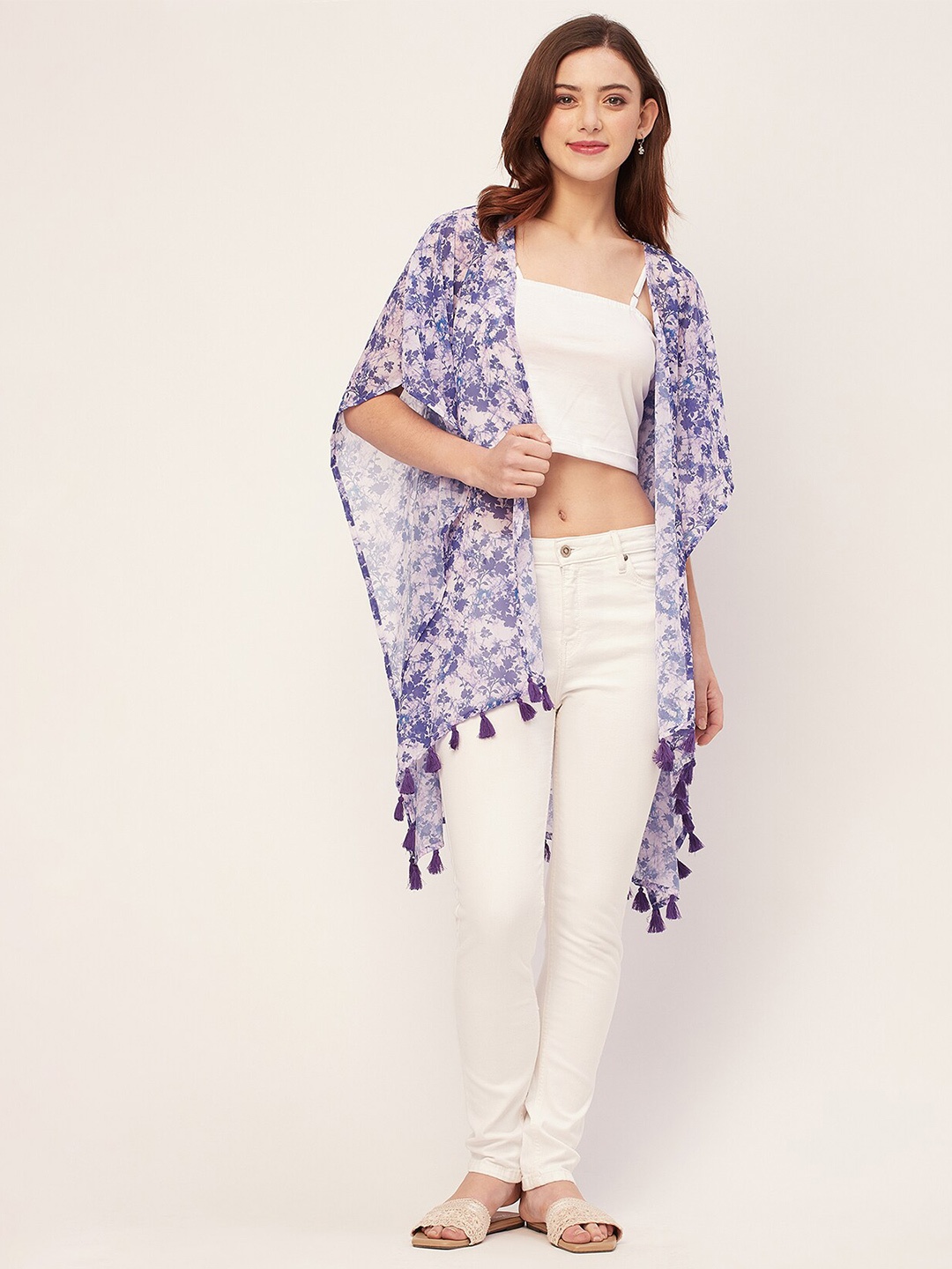 

Moomaya Floral Printed Longline Waterfall Shrug, Violet