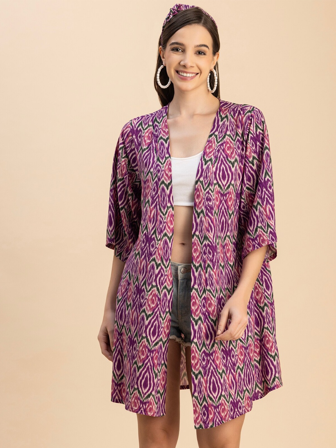

Moomaya Abstract Printed Longline Shrug, Purple