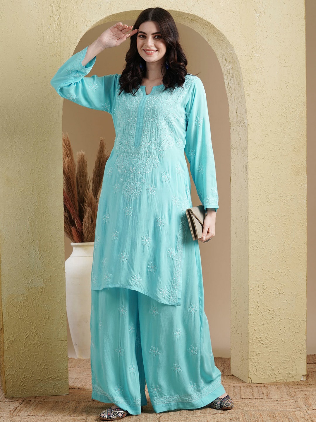 

ADA Ethnic Motifs Embroidered Chikankari Straight Kurta & Palazzos, Blue