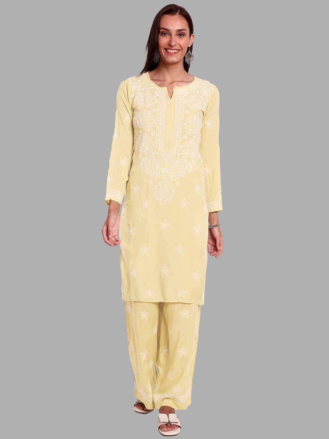 

ADA Ethnic Motifs Embroidered Regular Chikankari Kurta with Palazzos, Yellow