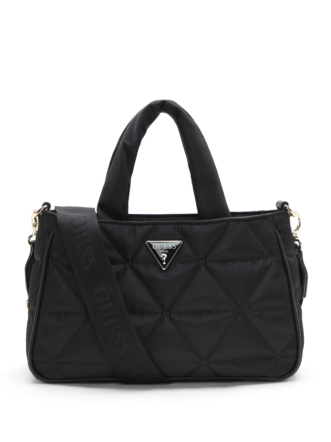 

GUESS Geometric Textured Structured Handheld Bag with Quilted Detail, Black