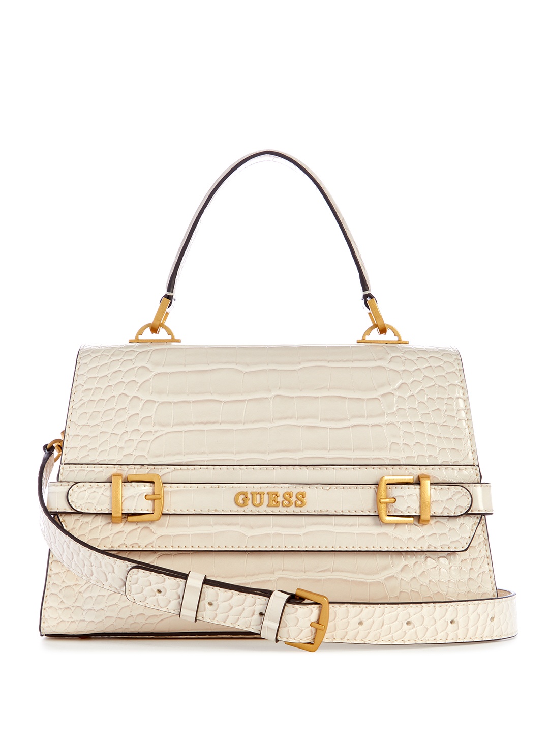 

GUESS Croc Textured Structured Satchel Bag With Buckle Detail, White