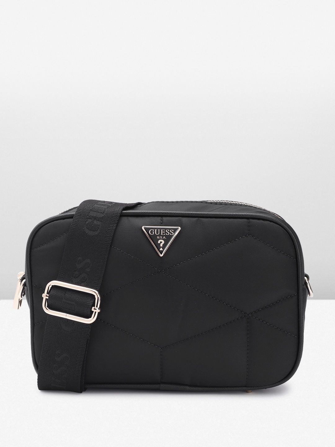 

GUESS Geometric Textured Structured Sling Bag with Quilted Detail, Black