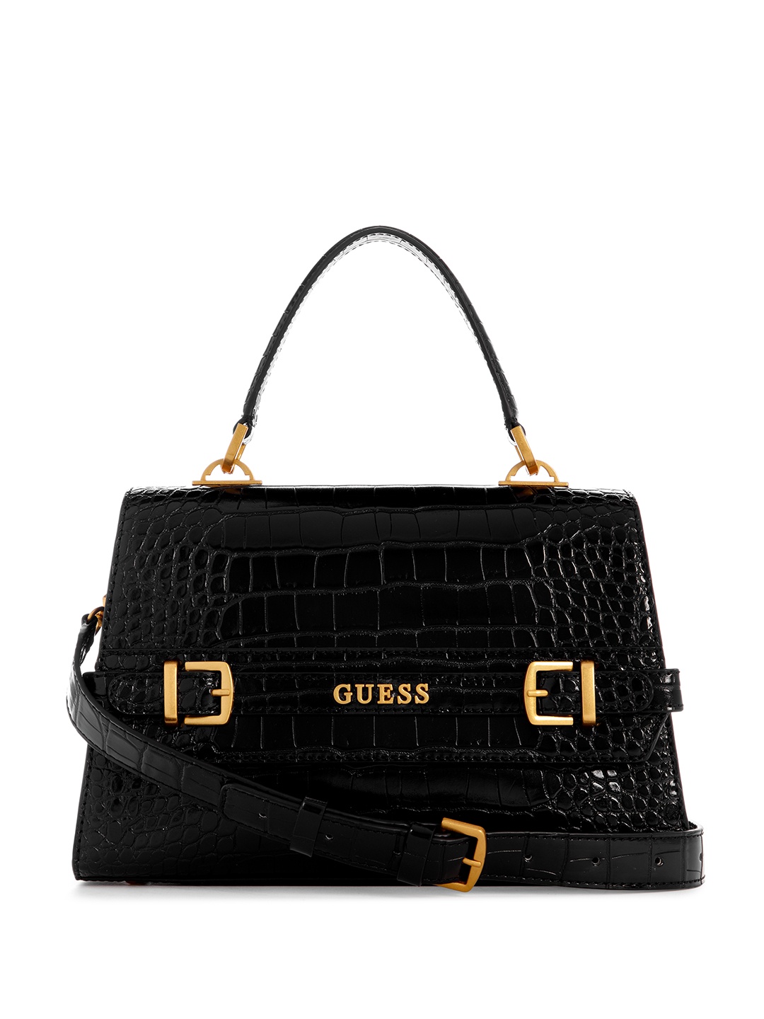 

GUESS Croc Textured Structured Satchel Bag With Buckle Detail, Black