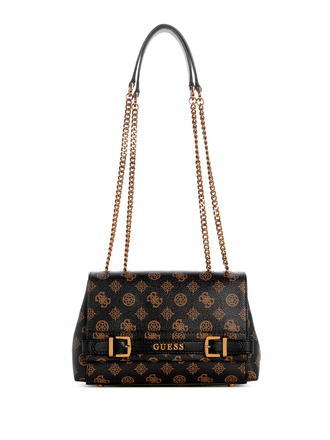 

GUESS Brand Logo Printed Structured Shoulder Bag with Buckle Detail, Coffee brown