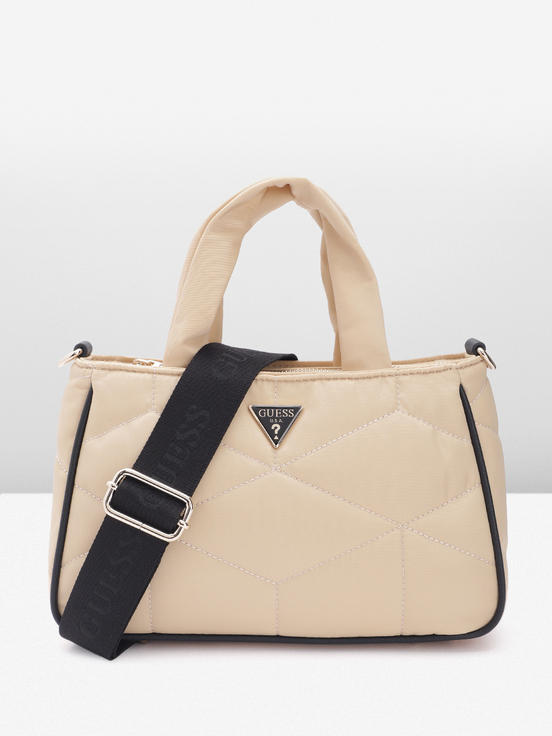 

GUESS Geometric Textured Structured Handheld Bag with Quilted Detail, Beige