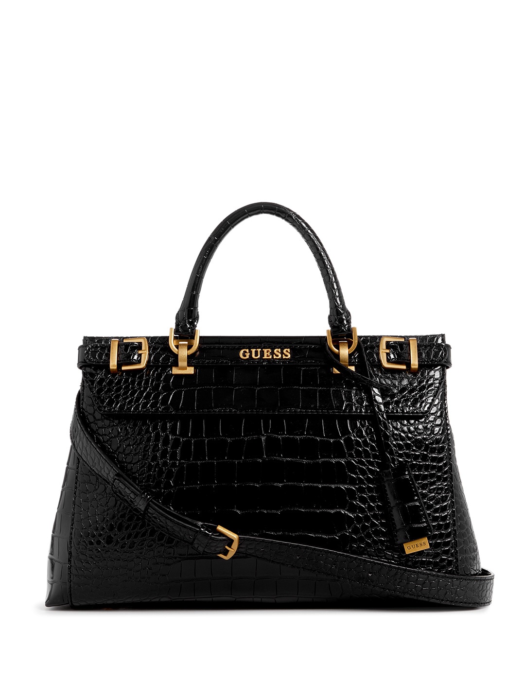 

GUESS Croc Textured Structured Handheld Bag with Buckle Detail, Black