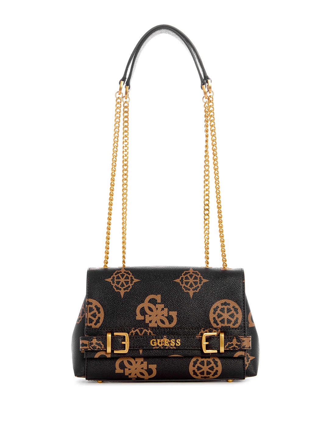 

GUESS Brand Logo Printed Structured Shoulder Bag with Buckle Detail, Coffee brown