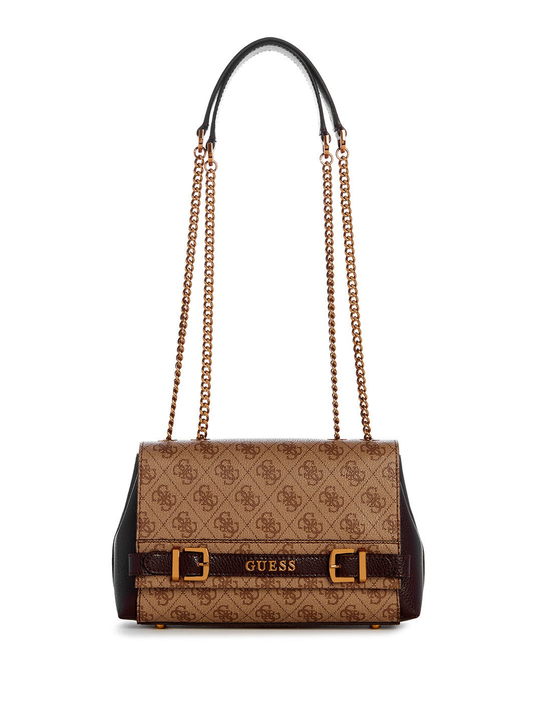 

GUESS Brand Logo Printed Structured Shoulder Bag with Buckle Detail, Brown