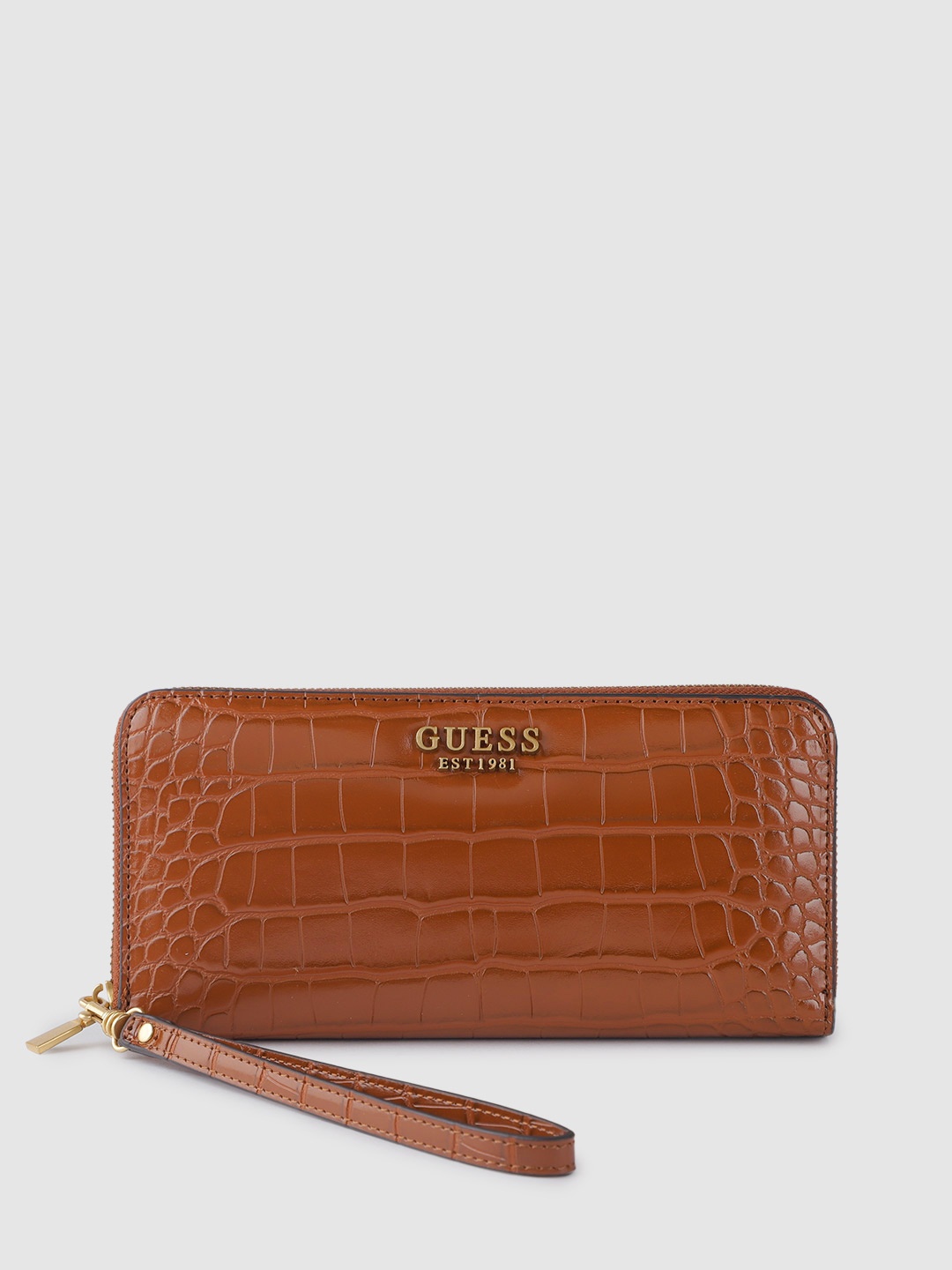 

GUESS Women Croc Textured Large Zip Around Wallet, Brown