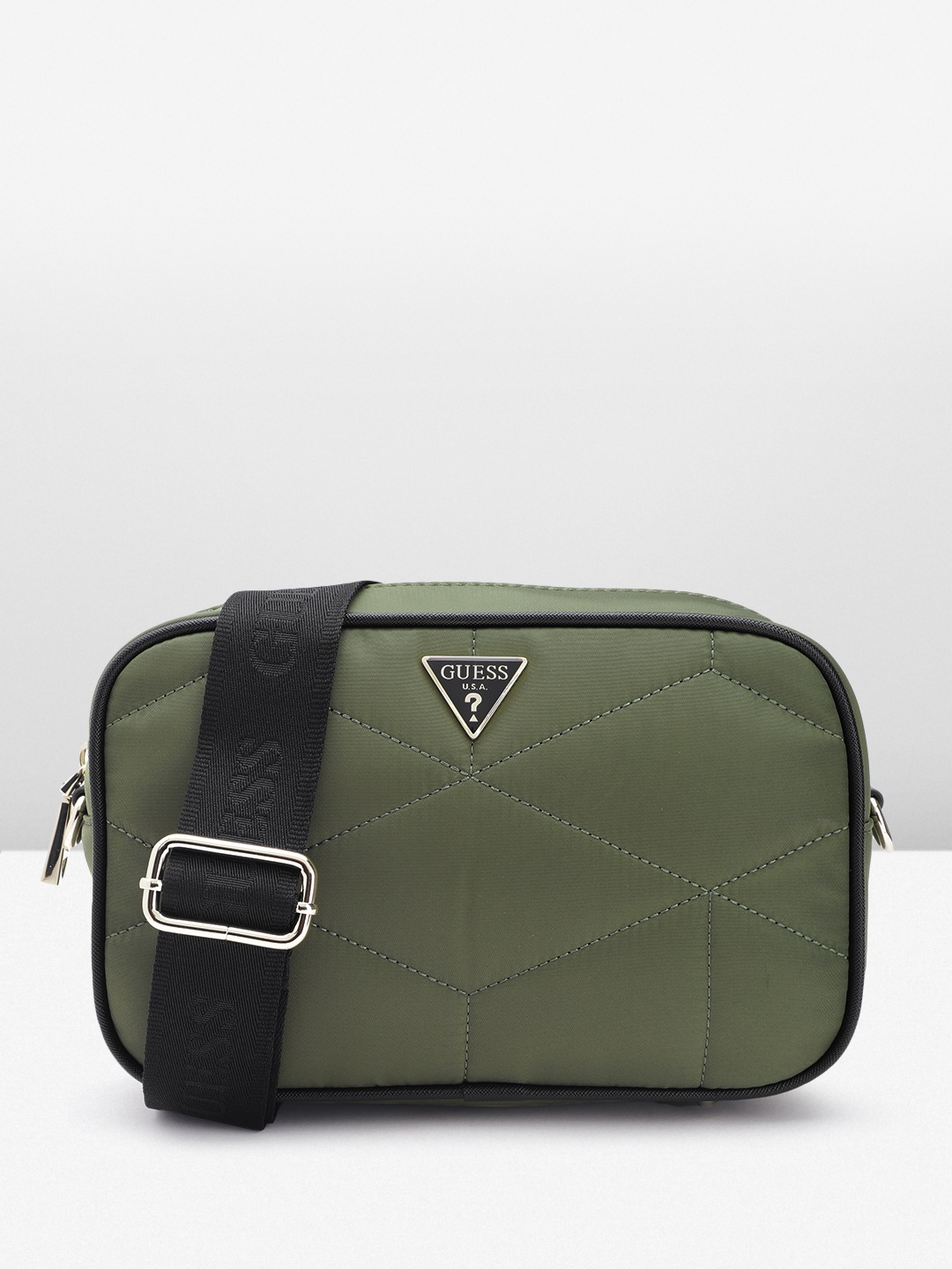 

GUESS Geometric Textured Structured Sling Bag with Quilted Detail, Green