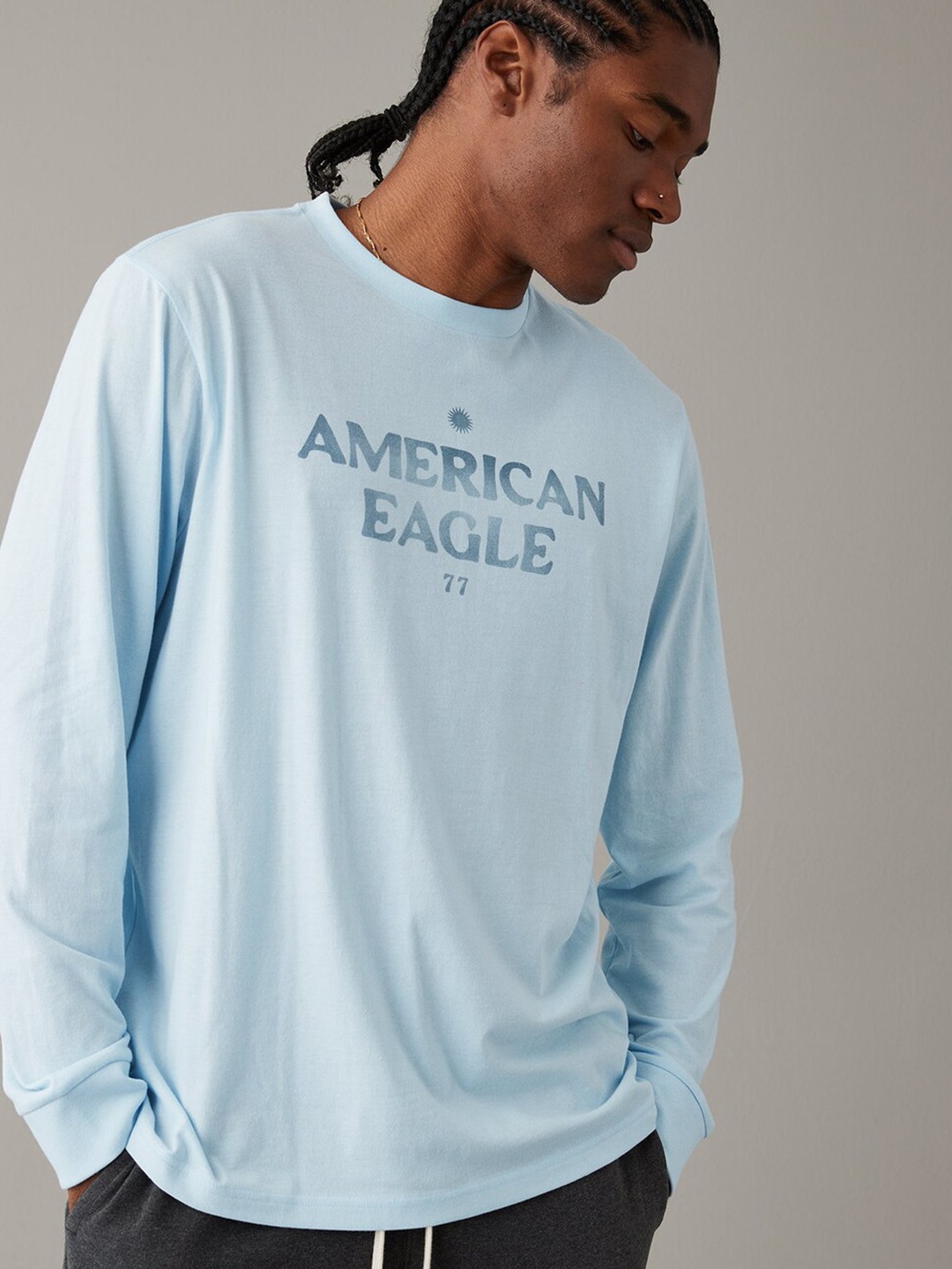 AMERICAN EAGLE OUTFITTERS Printed Round Neck T-shirt, Blue