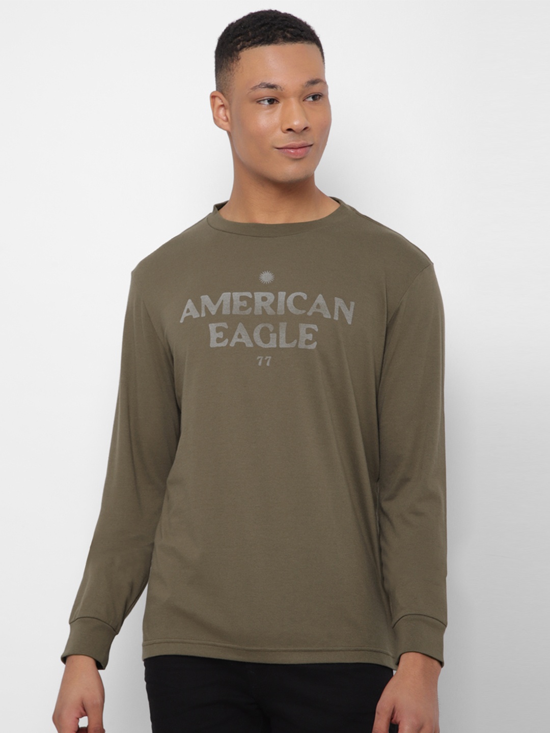 

AMERICAN EAGLE OUTFITTERS Typography Printed Cotton Applique T-shirt, Olive