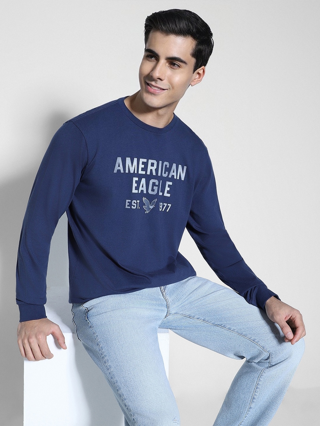 

AMERICAN EAGLE OUTFITTERS Typography Printed Round Neck T-shirt, Navy blue