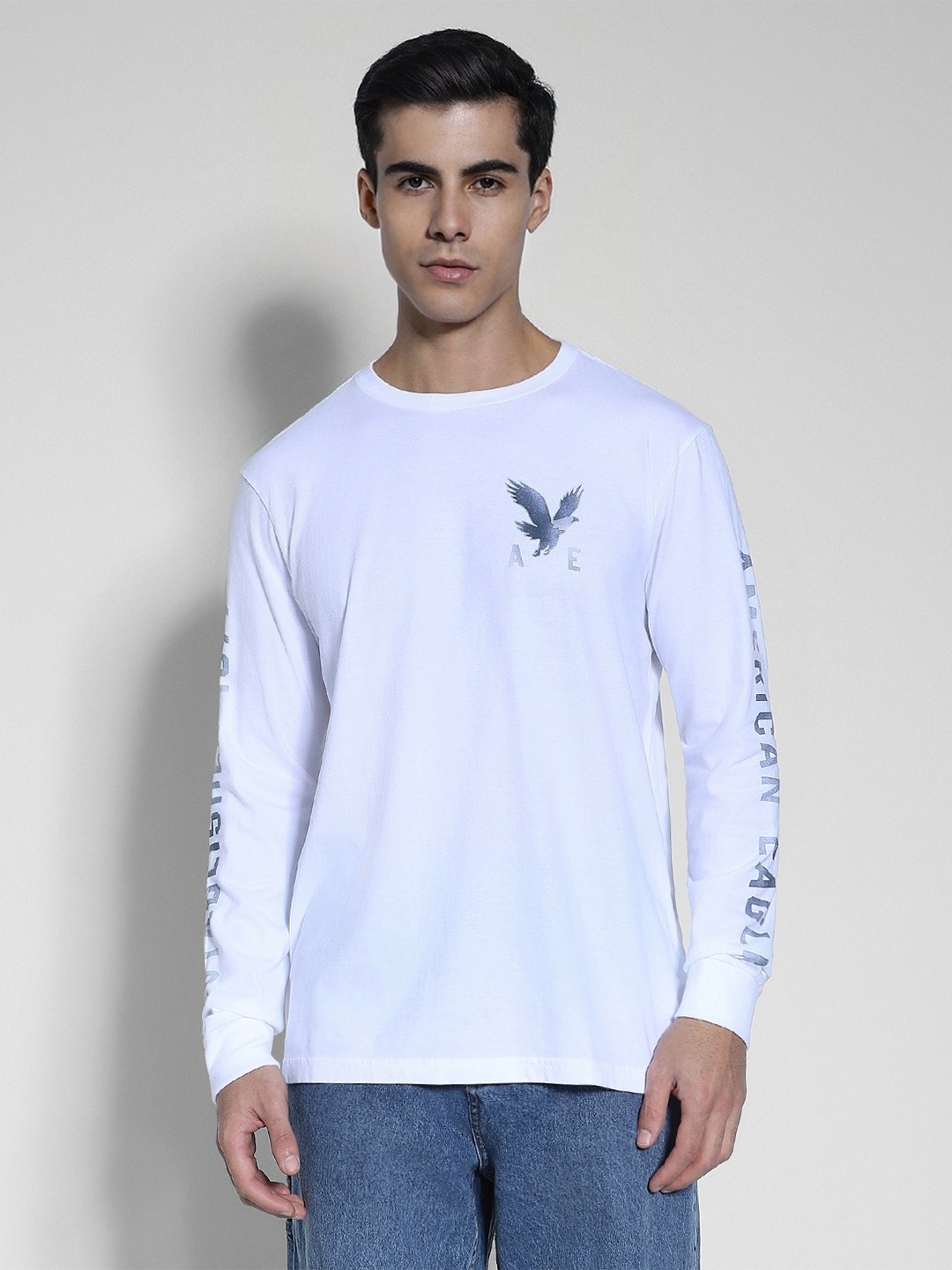 

AMERICAN EAGLE OUTFITTERS Typography Printed Round Neck Long Sleeves Cotton T-shirt, White