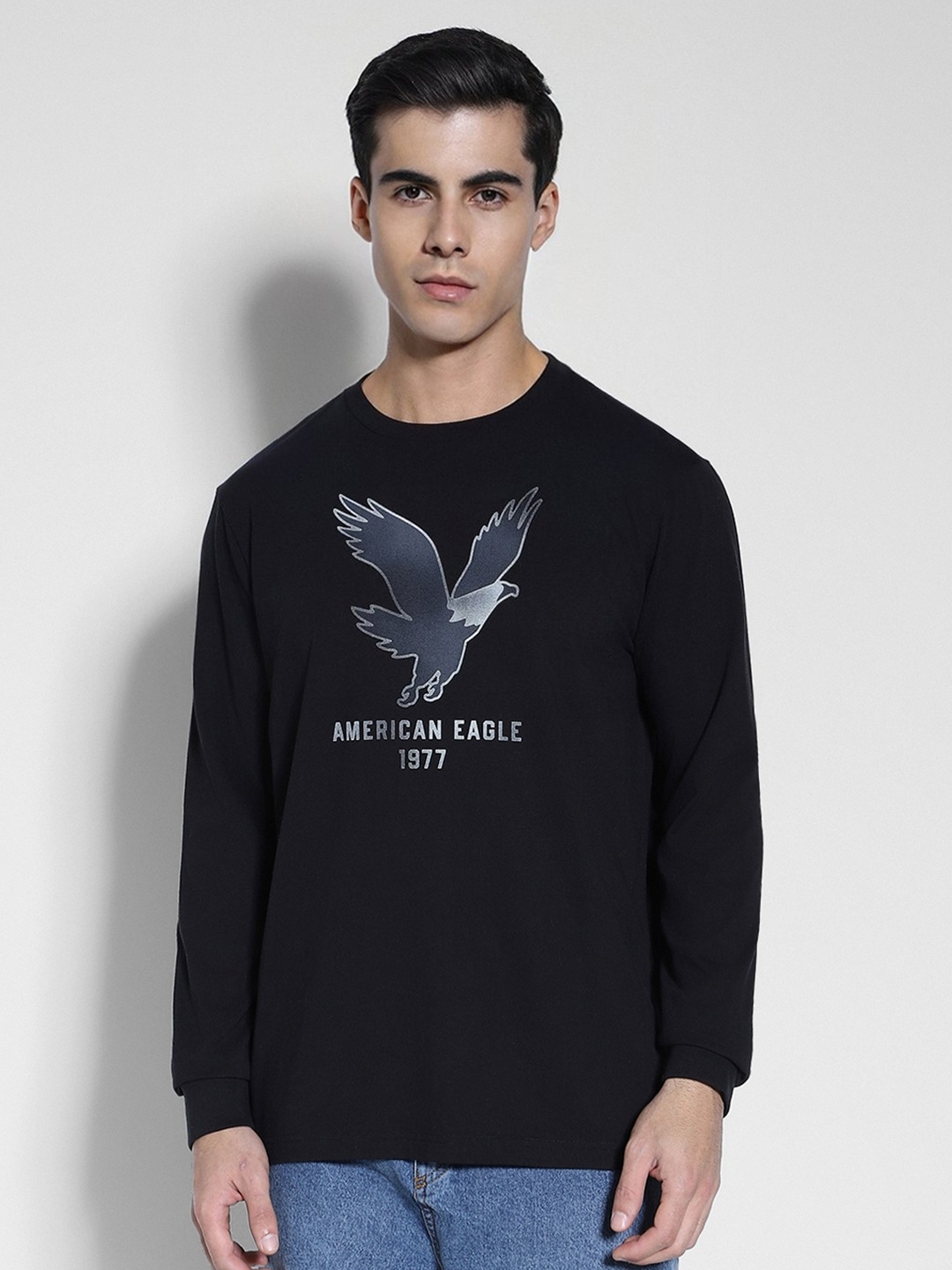 

AMERICAN EAGLE OUTFITTERS Graphic Printed Round Neck Long Sleeve Applique Cotton T-shirt, Black