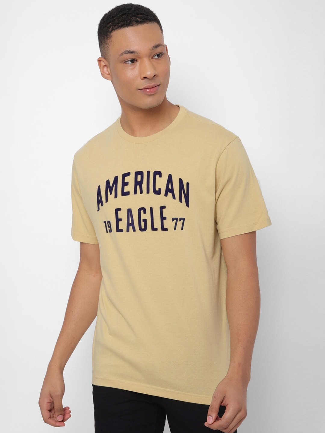 AMERICAN EAGLE OUTFITTERS Typography Printed Round Neck Cotton T-shirt, Beige