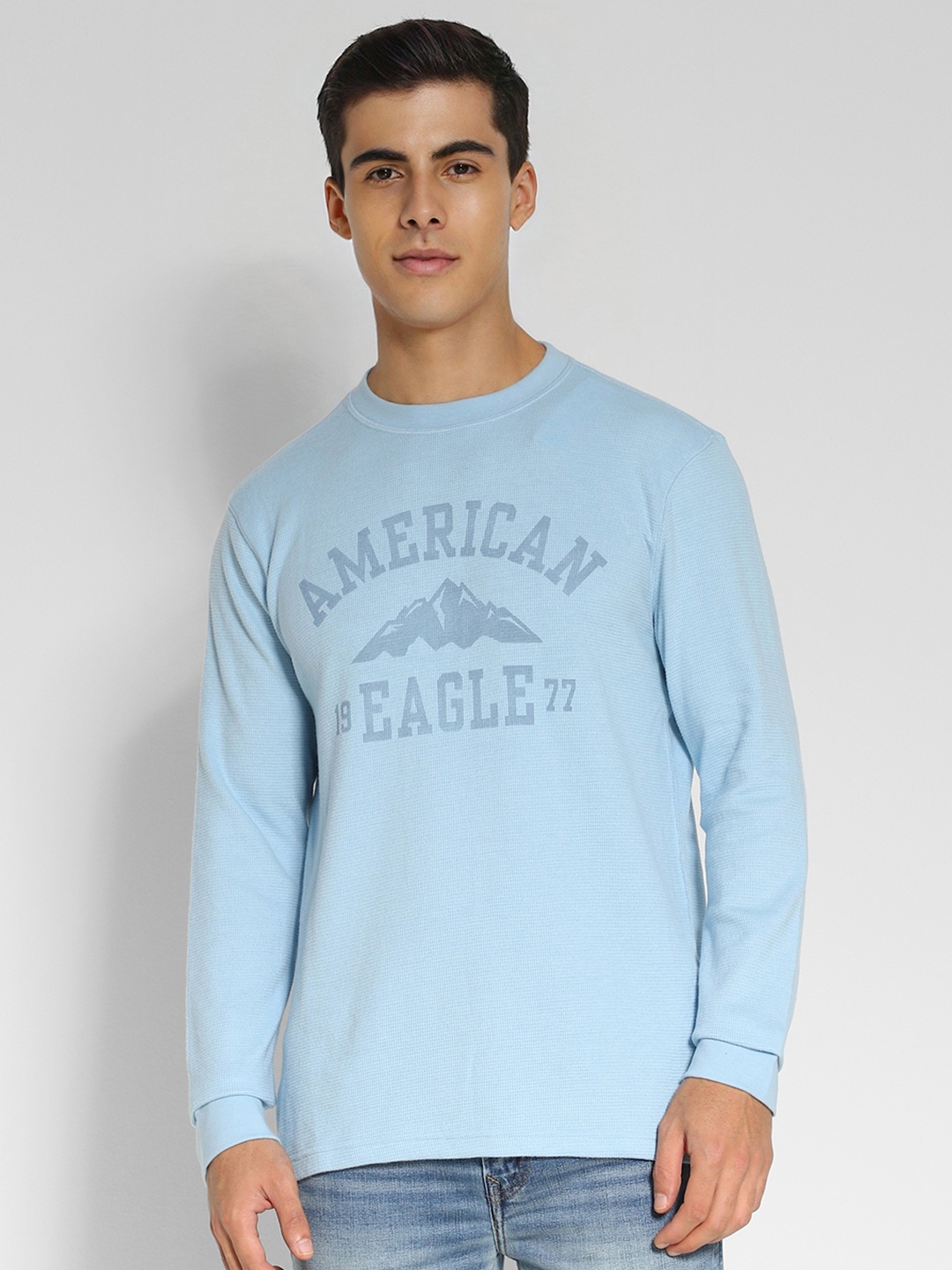 

AMERICAN EAGLE OUTFITTERS Typography Printed Cotton Raw Edge T-shirt, Blue