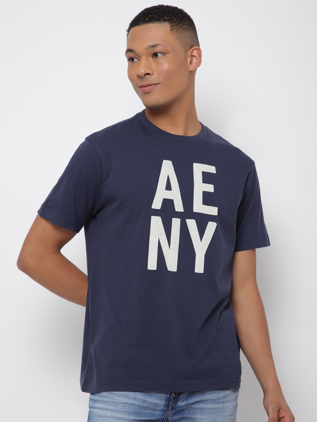 

AMERICAN EAGLE OUTFITTERS Typography Printed Round Neck Cotton T-shirt, Navy blue