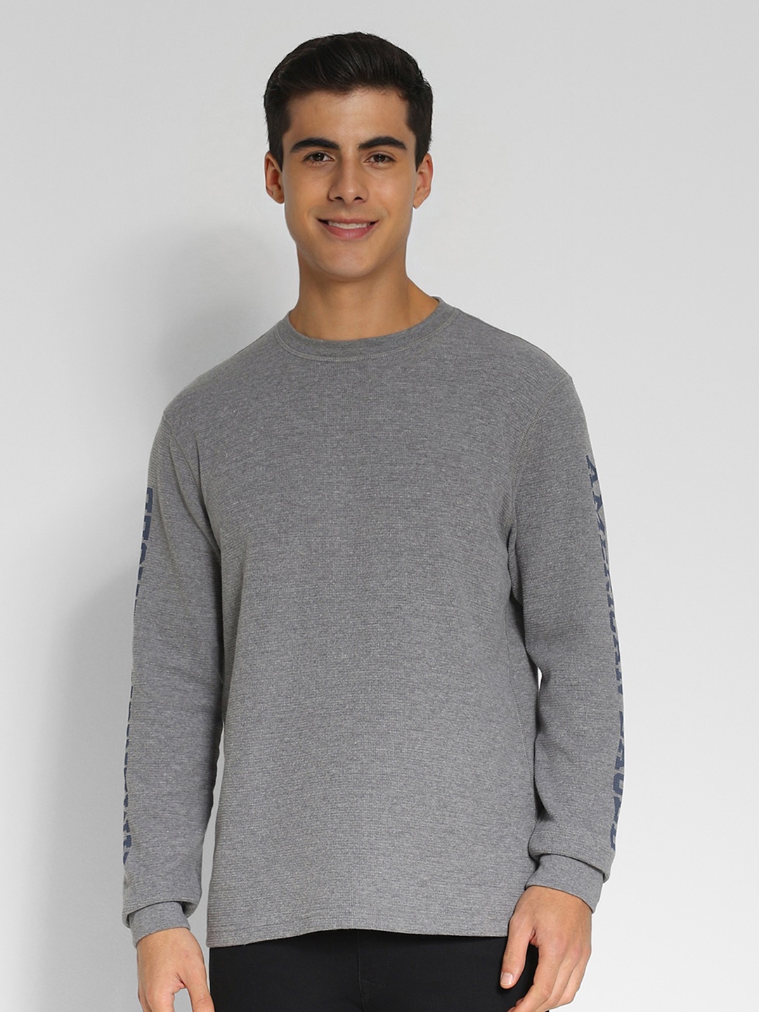 AMERICAN EAGLE OUTFITTERS Typography Printed Round Neck Long Sleeve Thermal T-Shirt, Grey