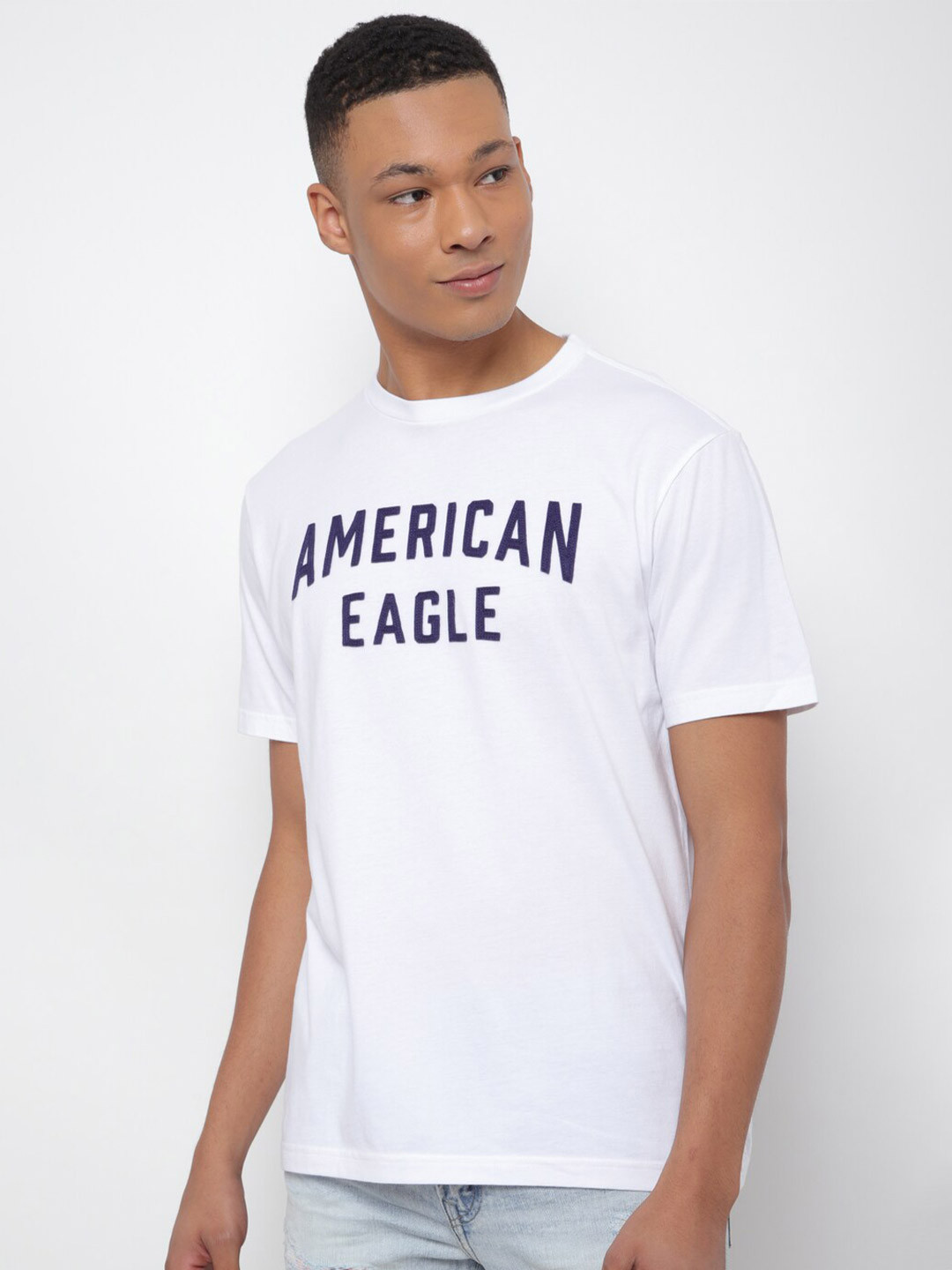 

AMERICAN EAGLE OUTFITTERS Typography Printed Round Neck Applique Cotton T-shirt, White