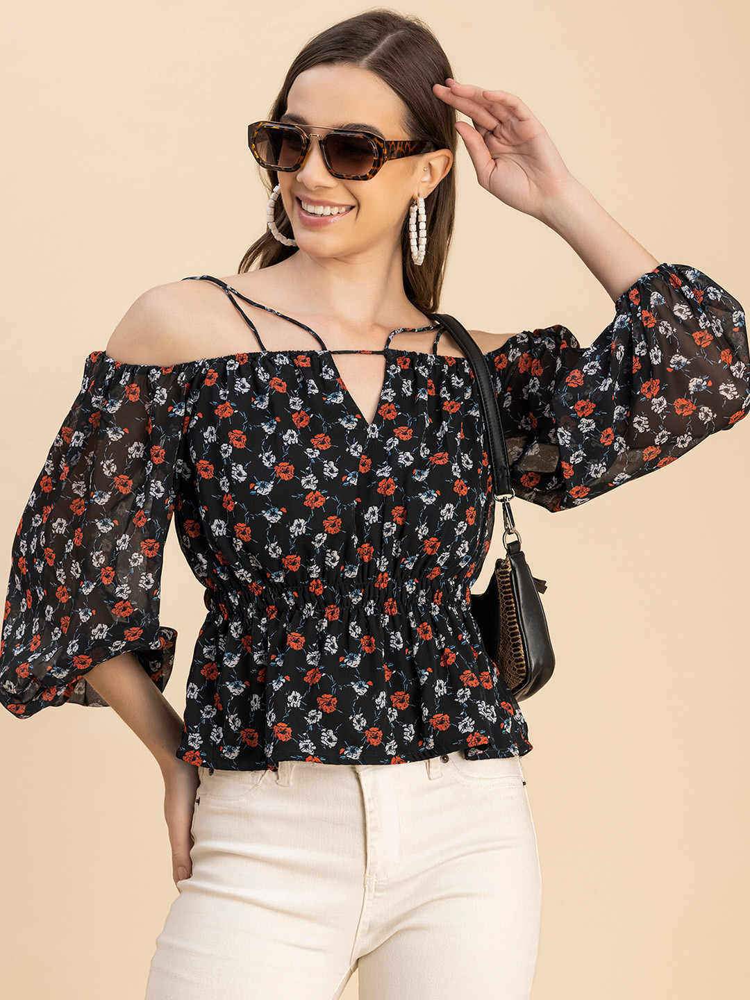 

Moomaya Floral Printed Georgette Long Sleeves Off Shoulder Peplum Top, Black