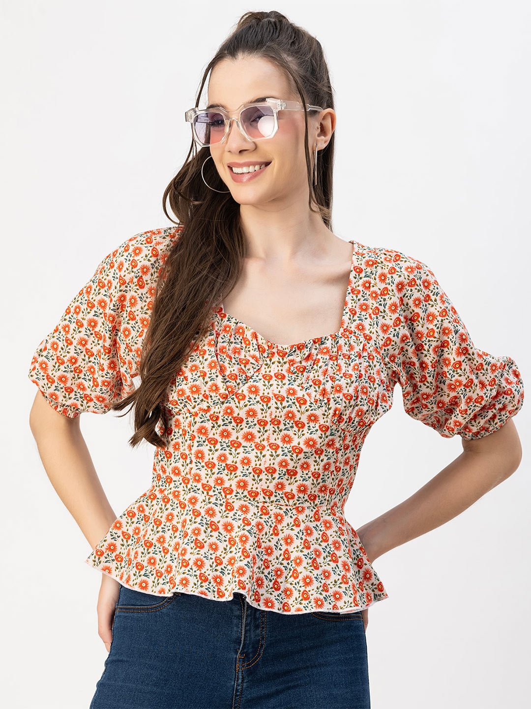 

Moomaya Square Neck Floral Print Puff Sleeve Cotton Cinched Waist Top, Red