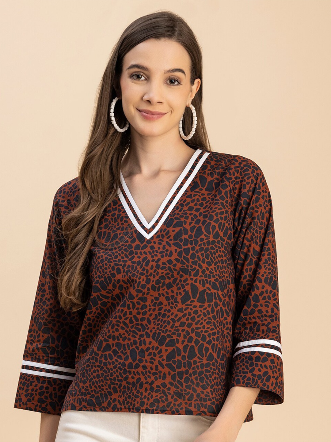 

Moomaya Animal Printed V Neck Cotton Top, Rust