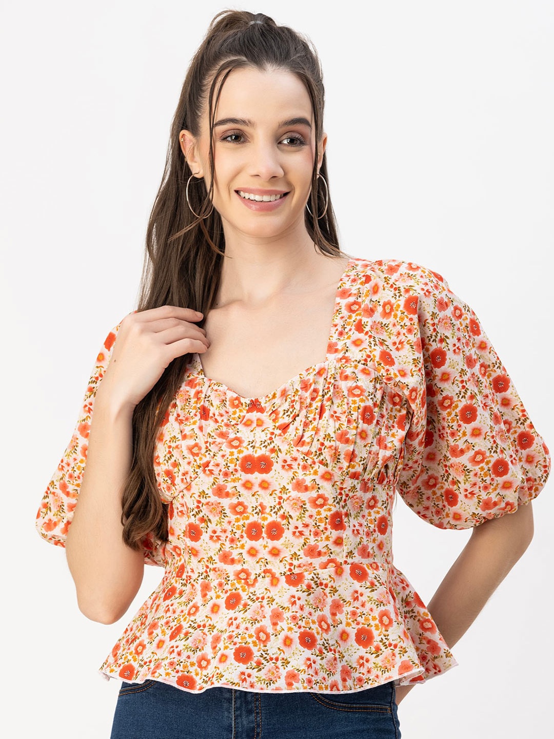 

Moomaya Square Neck Floral Print Puff Sleeve Cotton Peplum Top, Red
