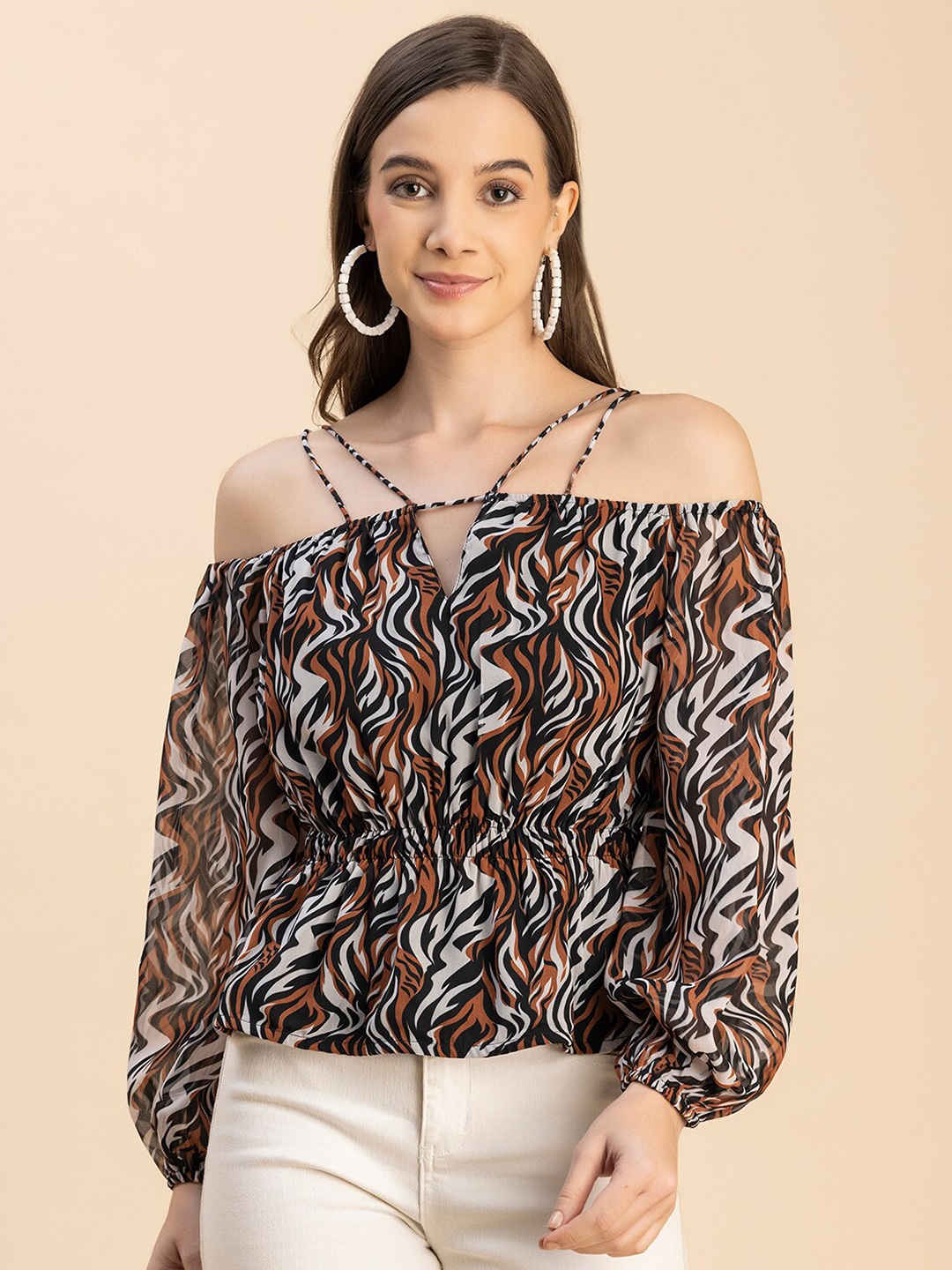 

Moomaya Animal Printed Off Shoulder Bardot Top, Brown