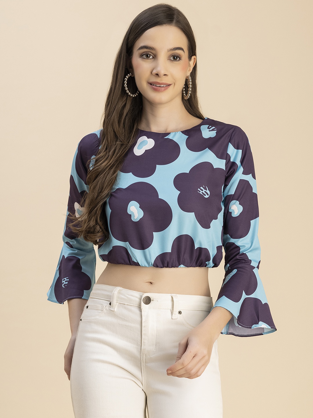 

Moomaya Floral Printed Round Neck Crop Top, Turquoise blue