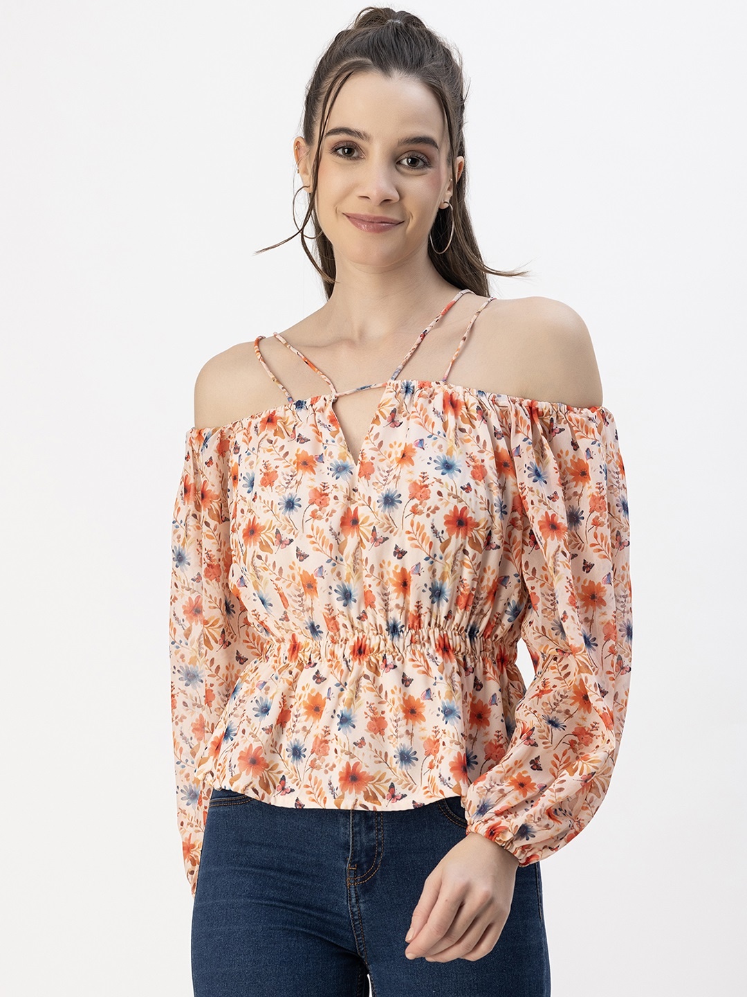 

Moomaya Floral Printed Georgette Long Sleeves Off Shoulder Peplum Top, Orange